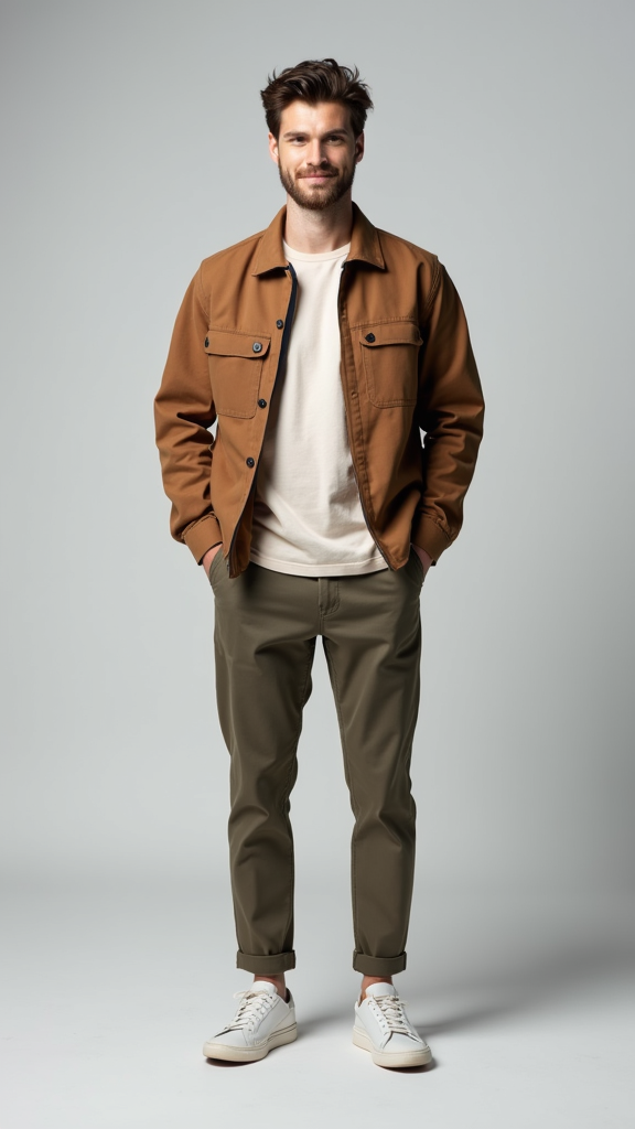 A man wearing a brown jacket and olive pants, showcasing a clothing model generated from uploaded designs.
